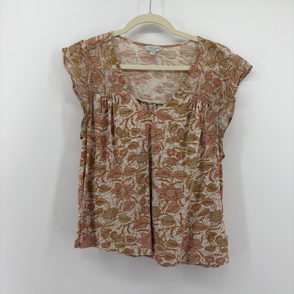 Lucky Brand Womens Small Pink Tan Floral Flutter Sleeve V-Neck Blouse Top